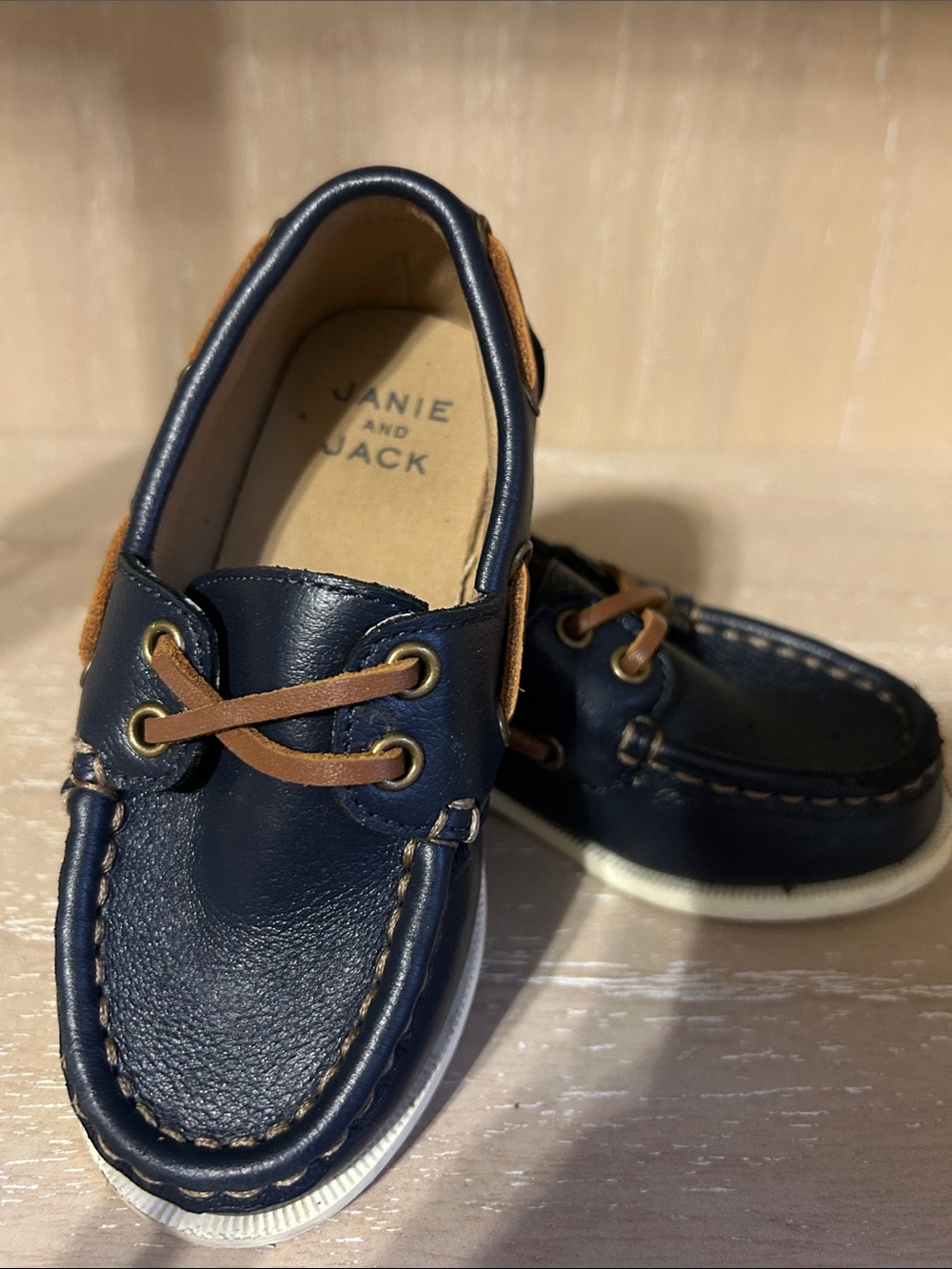Janie and Jack Navy Leather Moccasins with Brown Laces